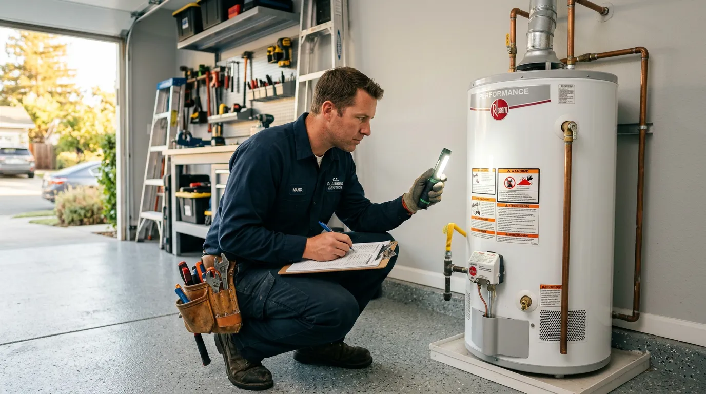 Side-by-side comparison of a gas water heater with visible vent pipe and an electric water heater installed in a Santa Cruz home garage